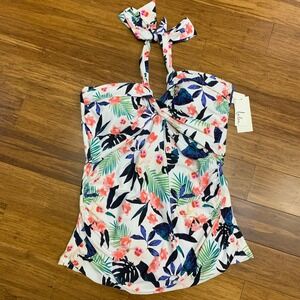 Leilani Floral Tankini Top Women Size 16 Swimsuit Ruched Halter White Pink Green